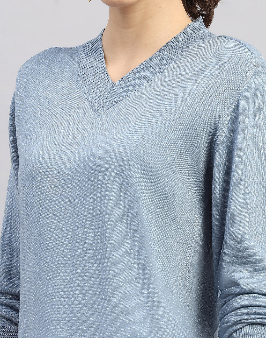Women Light Blue Self Design V Neck Full Sleeve Winter Top - Image 7
