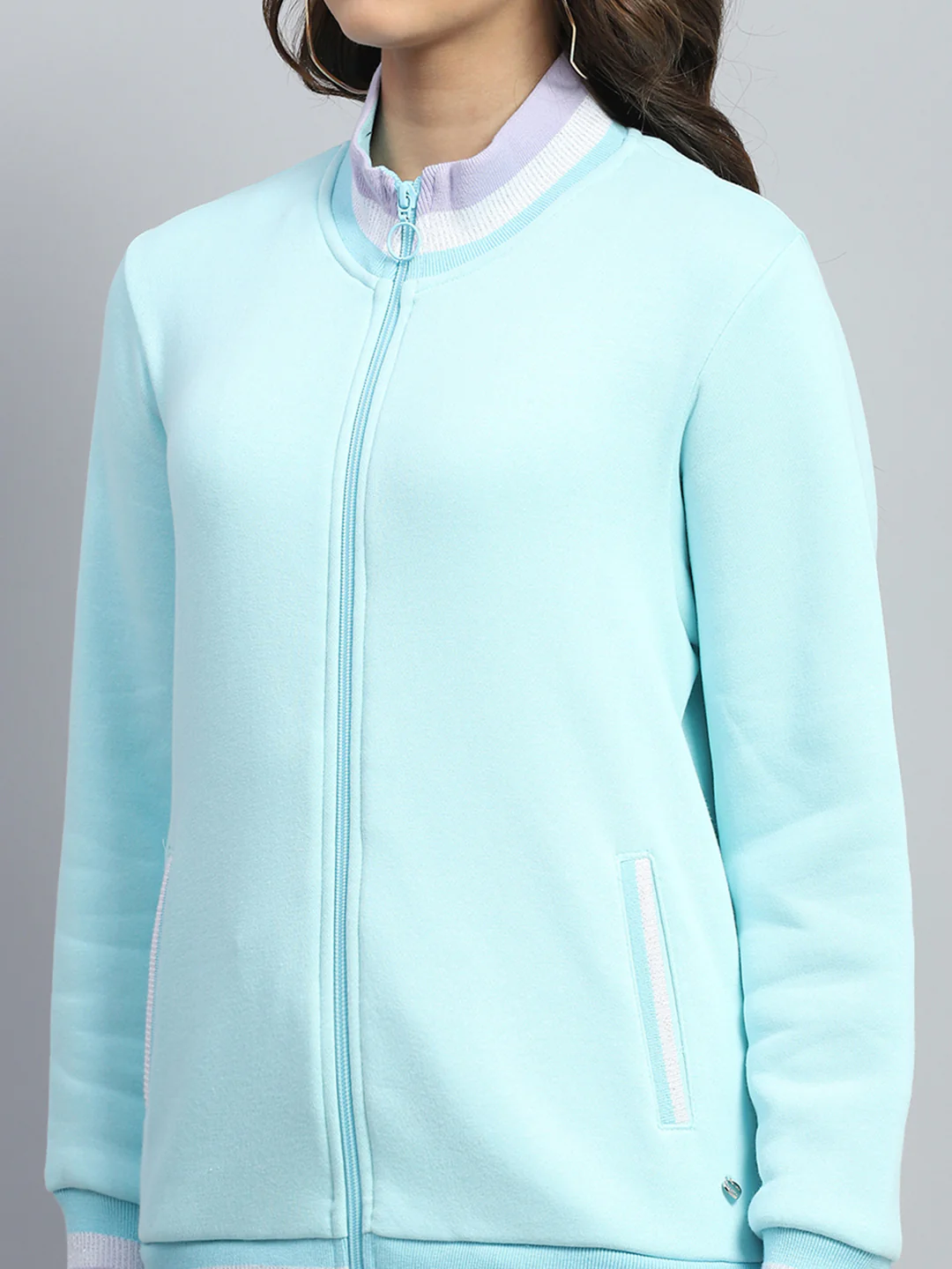 Women Light Blue Solid Mock Neck Full Sleeve Sweatshirt - Image 7