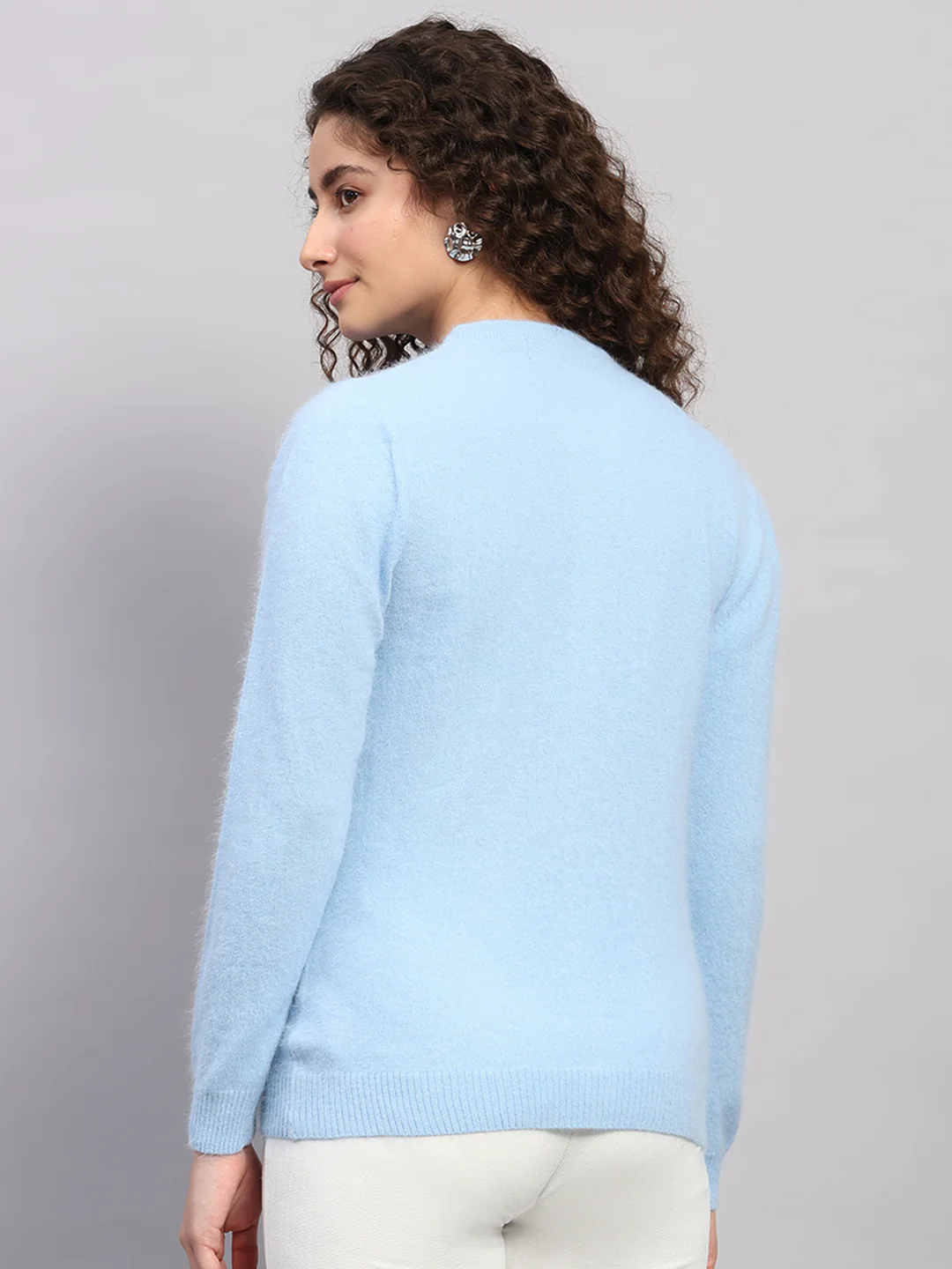 Women Light Blue Solid Round Neck Full Sleeve Cardigan - Image 5