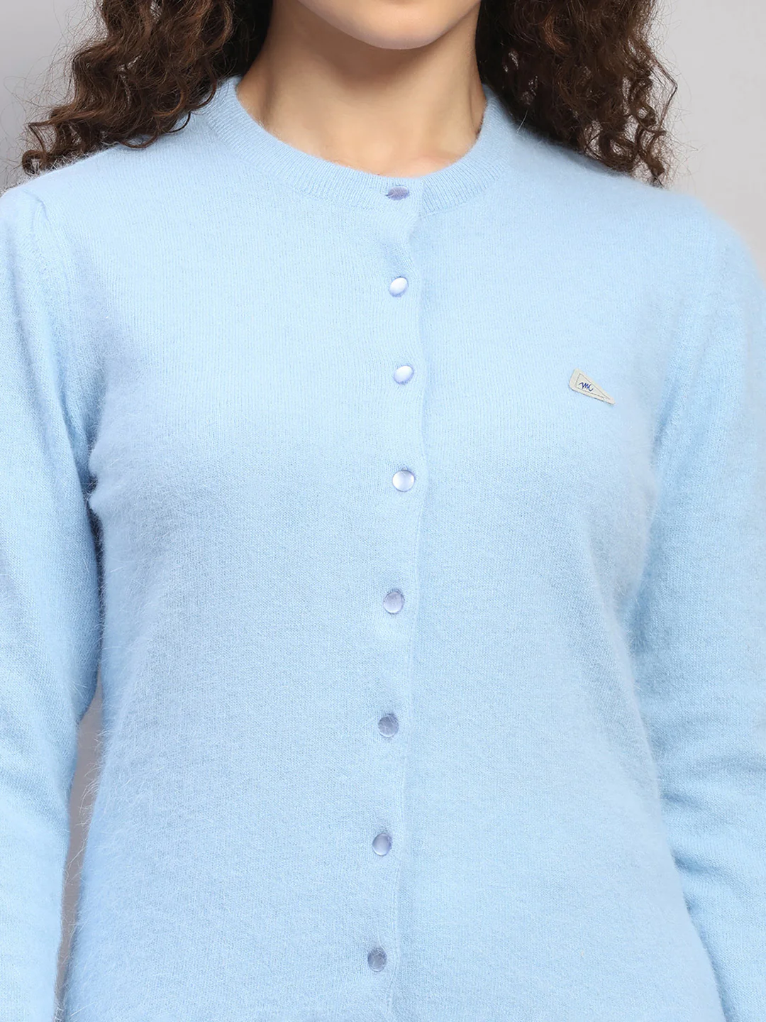Women Light Blue Solid Round Neck Full Sleeve Cardigan - Image 6