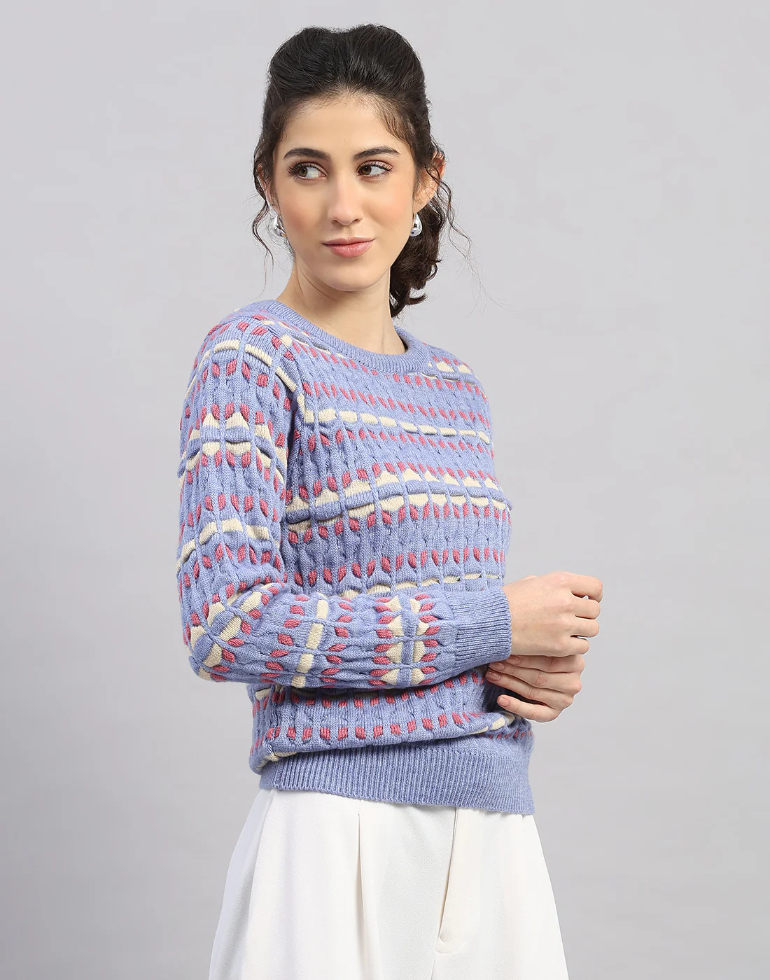 Women Light Blue Solid Round Neck Full Sleeve Winter Top - Image 3