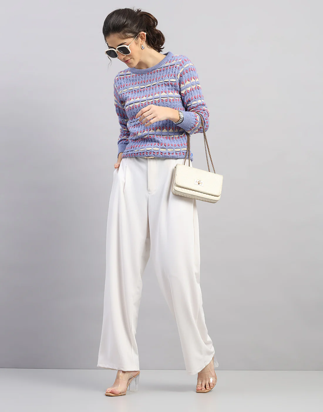 Women Light Blue Solid Round Neck Full Sleeve Winter Top - Image 5