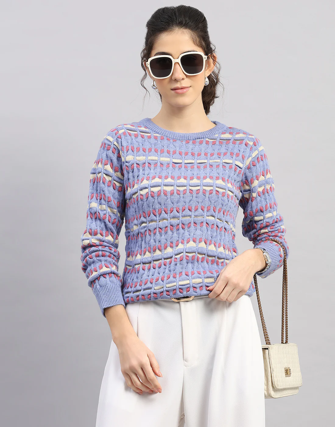 Women Light Blue Solid Round Neck Full Sleeve Winter Top - Image 6