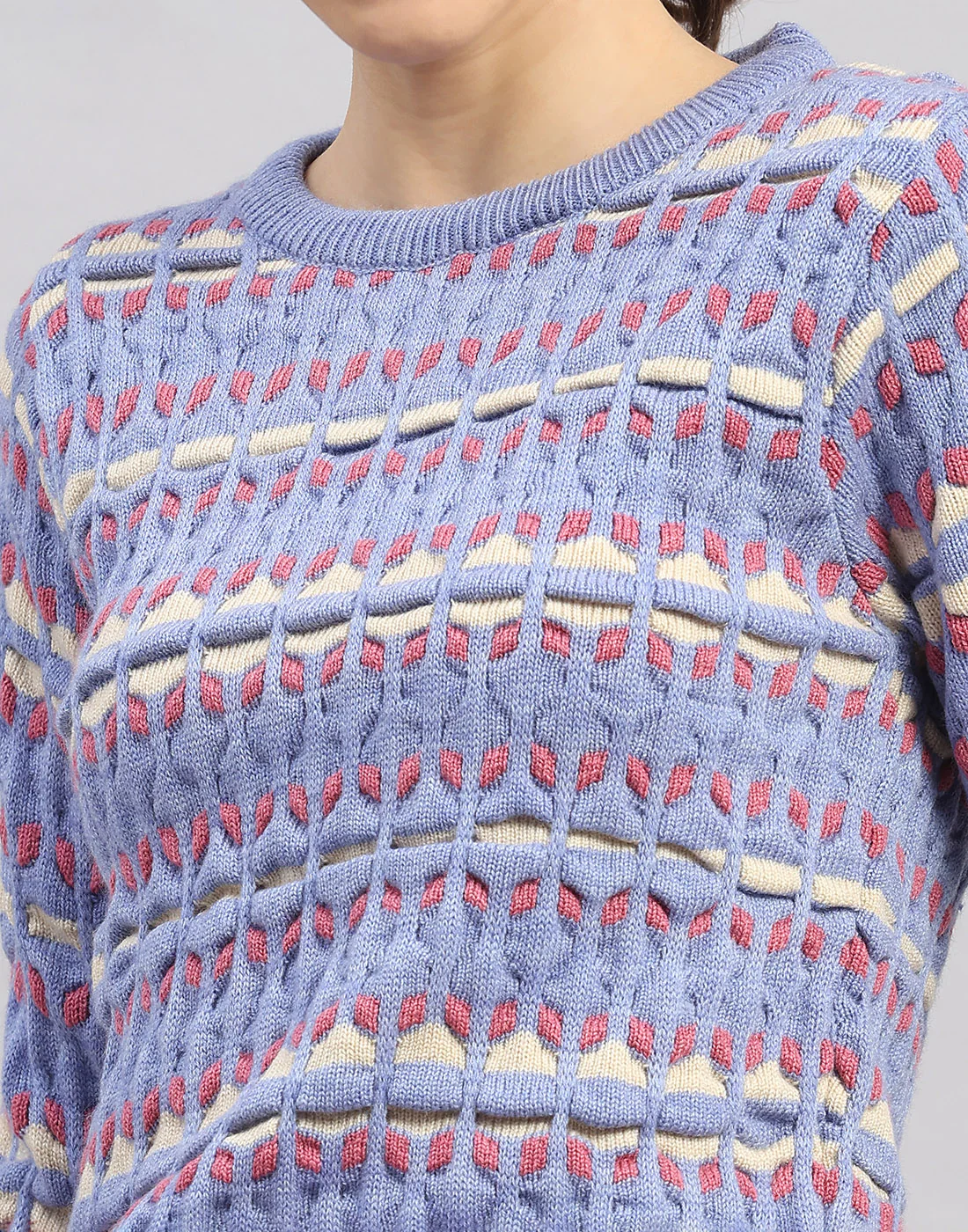 Women Light Blue Solid Round Neck Full Sleeve Winter Top - Image 7