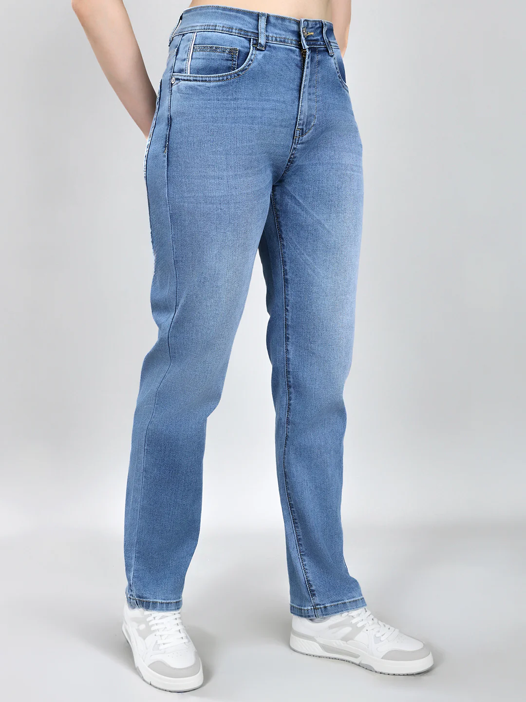 Women Light Blue Solid Straight Fit Denim - Image 3