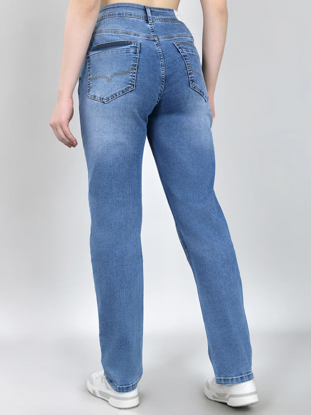 Women Light Blue Solid Straight Fit Denim - Image 4