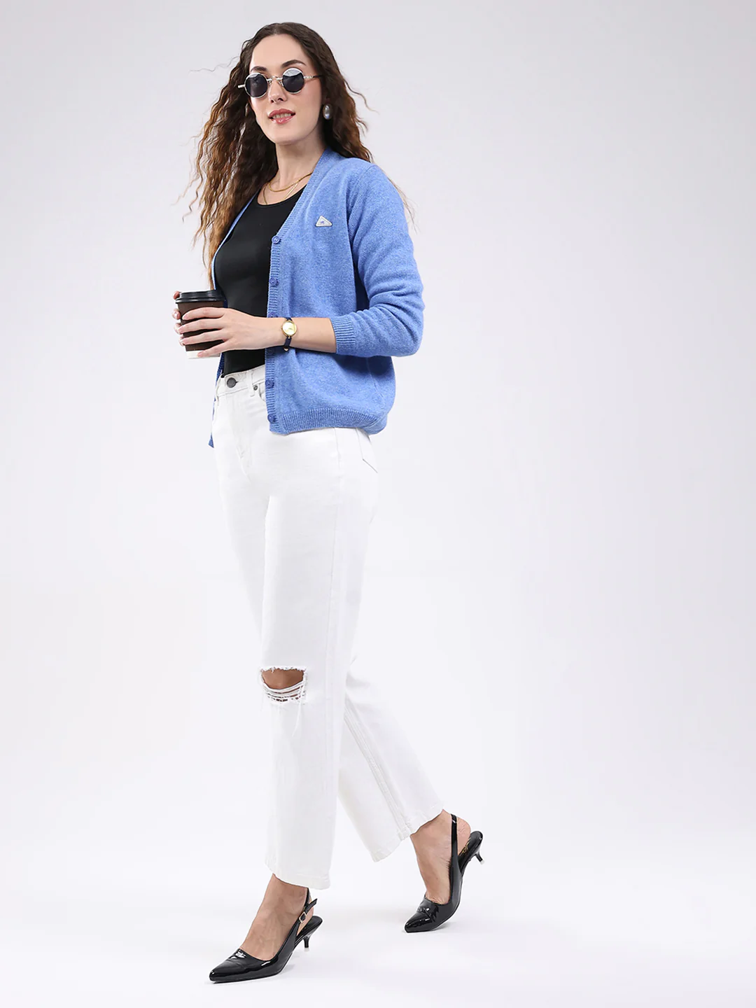 Women Light Blue Solid V Neck Full Sleeve Cardigan - Image 2