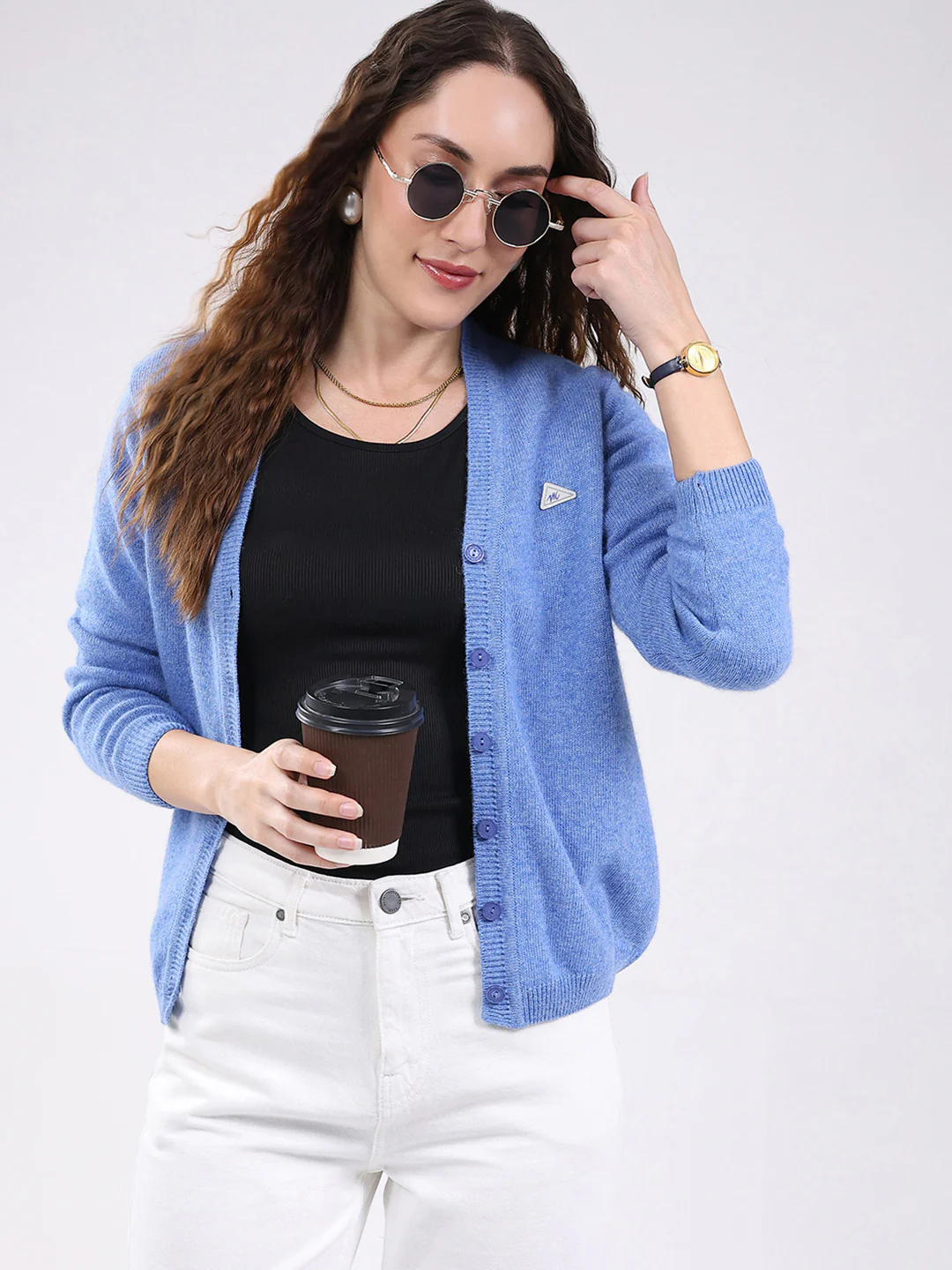 Women Light Blue Solid V Neck Full Sleeve Cardigan - Image 6