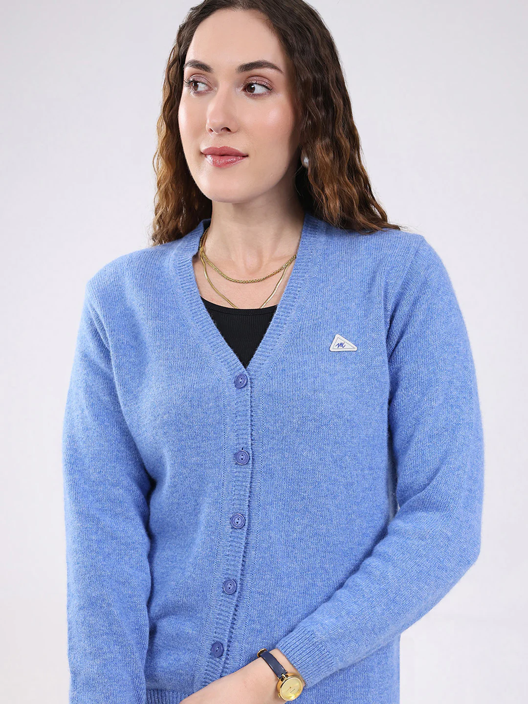 Women Light Blue Solid V Neck Full Sleeve Cardigan - Image 7