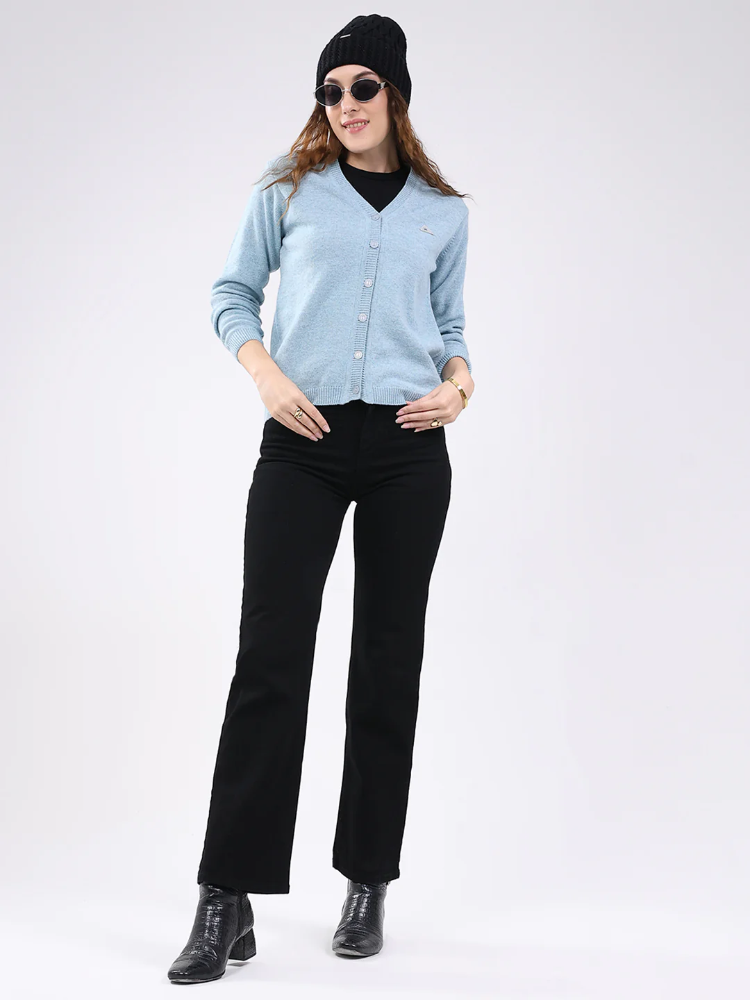 Women Light Blue Solid V Neck Full Sleeve Cardigan - Image 2