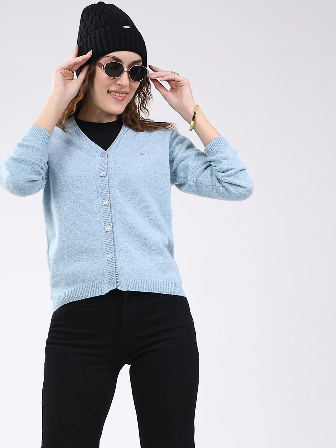 Women Light Blue Solid V Neck Full Sleeve Cardigan - Image 6