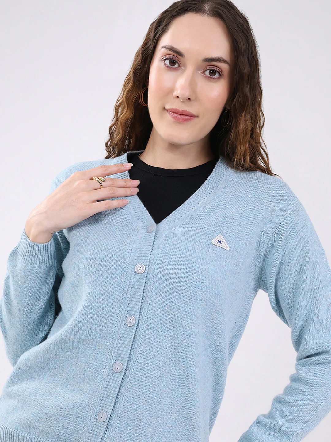 Women Light Blue Solid V Neck Full Sleeve Cardigan - Image 7