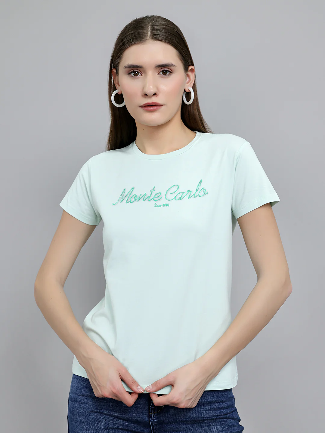 Women Light Green Embroidered Round Neck Half Sleeve Top