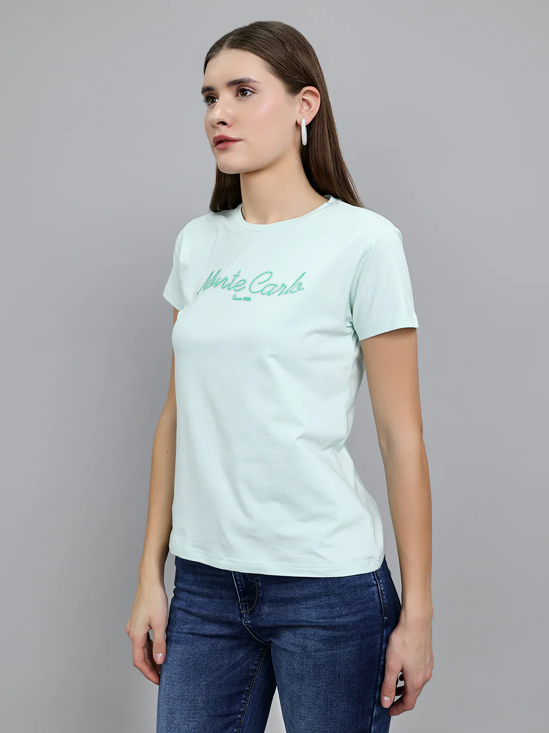 Women Light Green Embroidered Round Neck Half Sleeve Top - Image 2