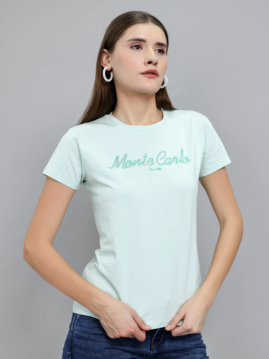 Women Light Green Embroidered Round Neck Half Sleeve Top - Image 3