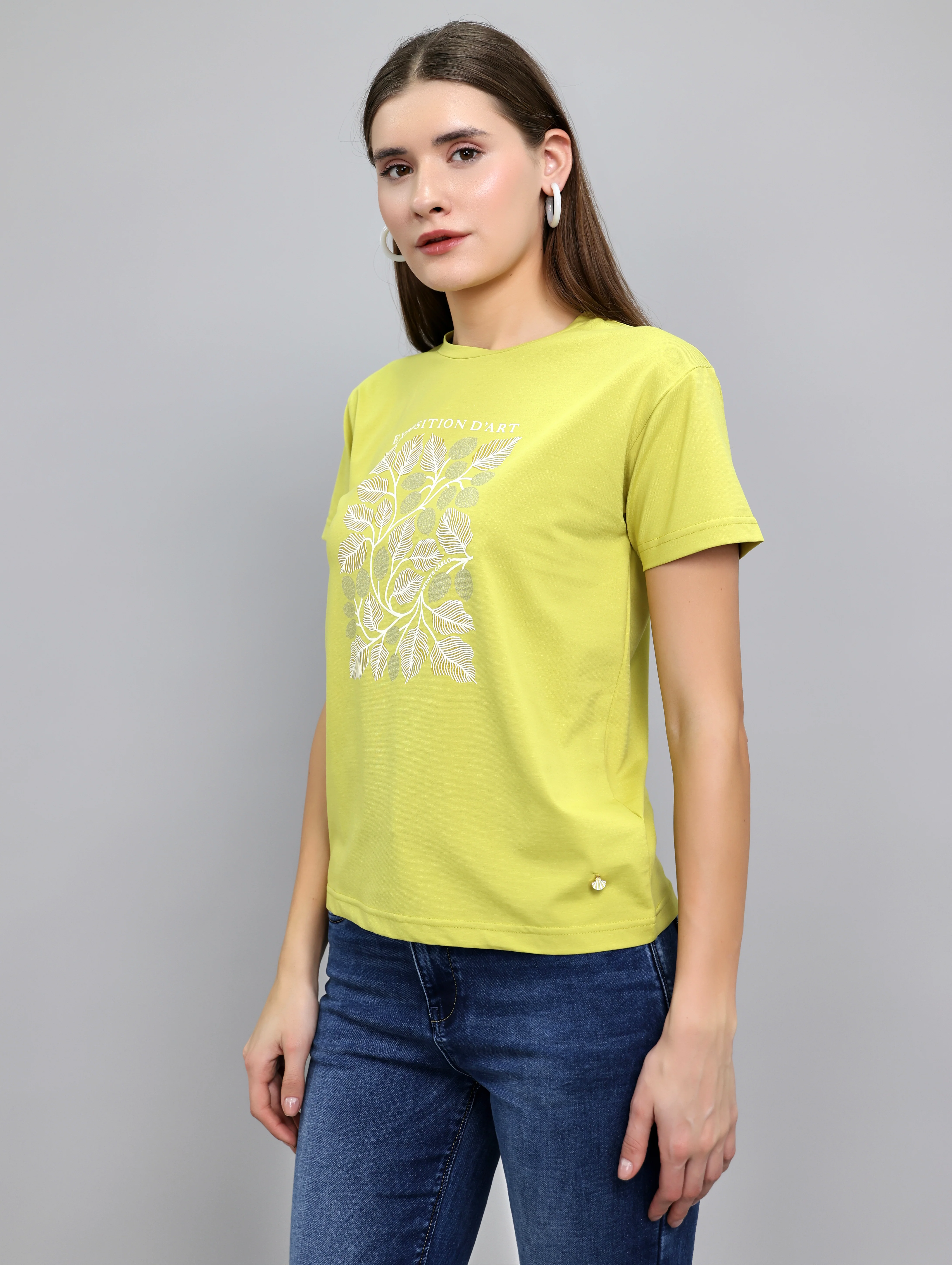 Women Light Green Printed Round Neck Half Sleeve Top - Image 2