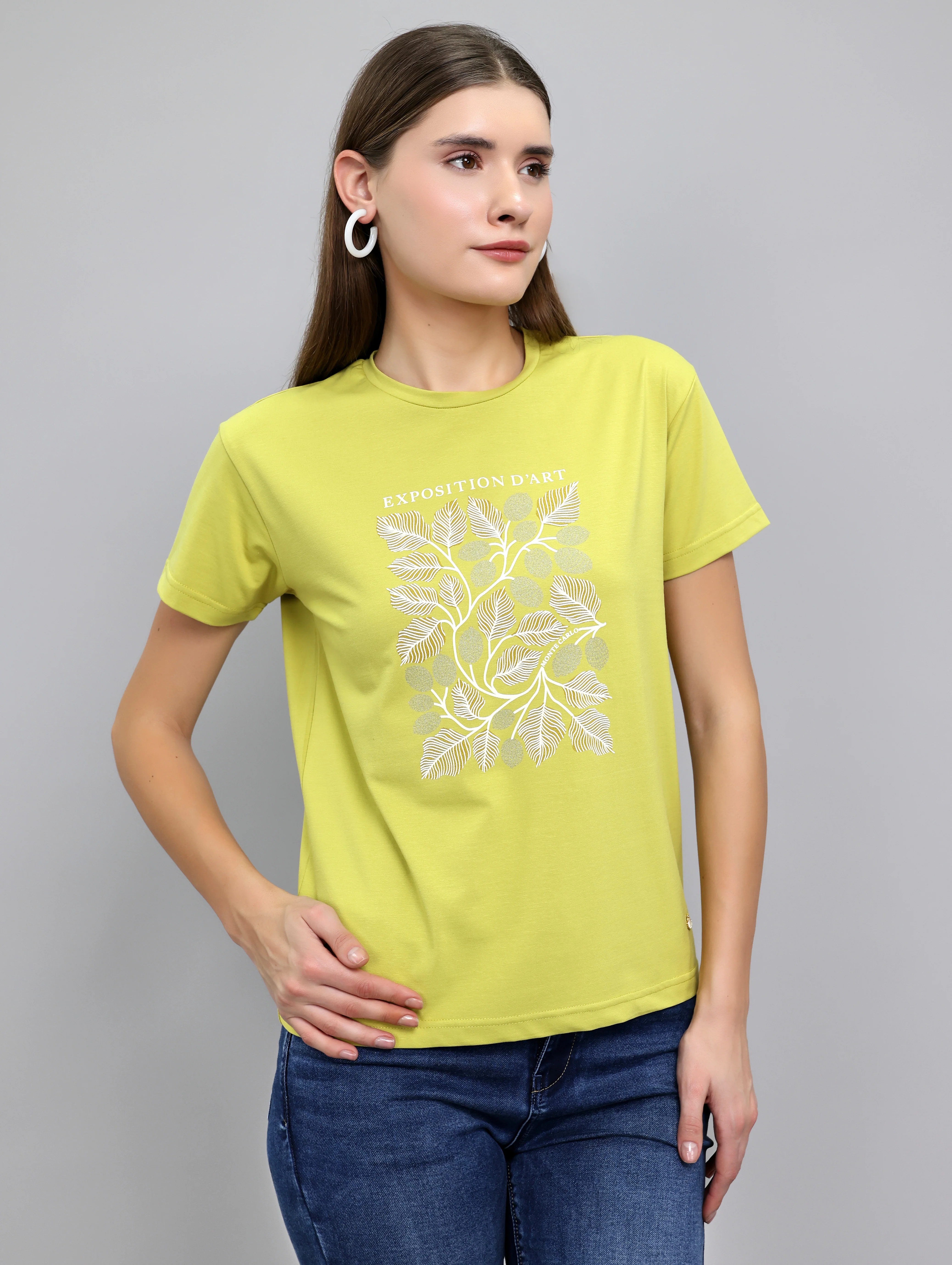 Women Light Green Printed Round Neck Half Sleeve Top - Image 3