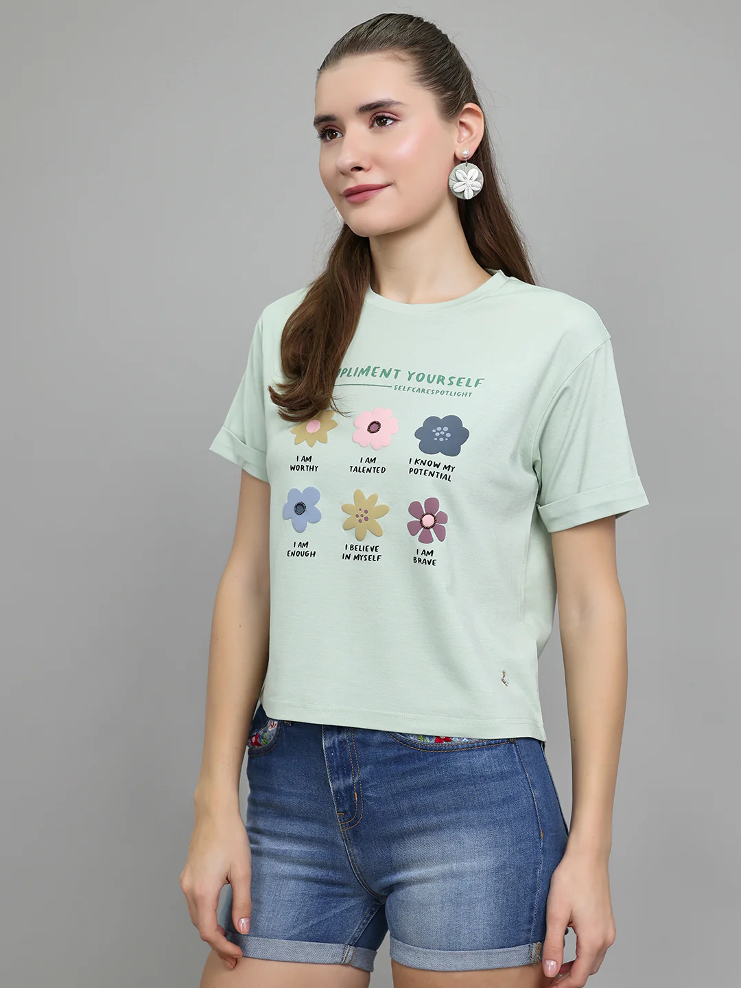Women Light Green Printed Round Neck Half Sleeve Top - Image 2