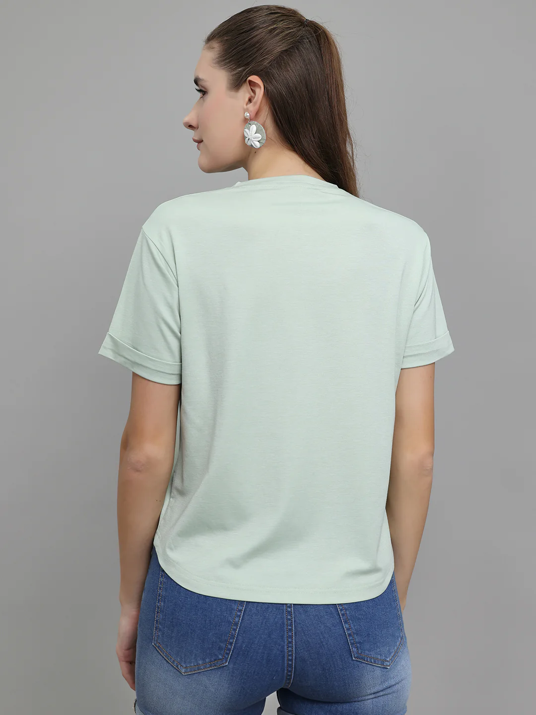Women Light Green Printed Round Neck Half Sleeve Top - Image 4