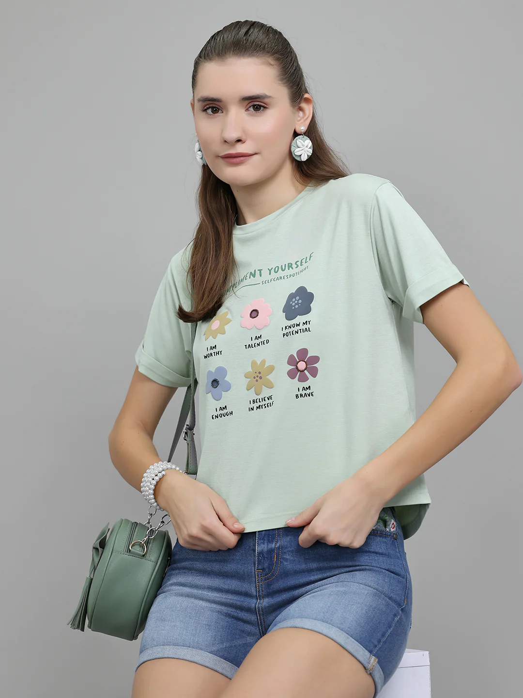 Women Light Green Printed Round Neck Half Sleeve Top - Image 6