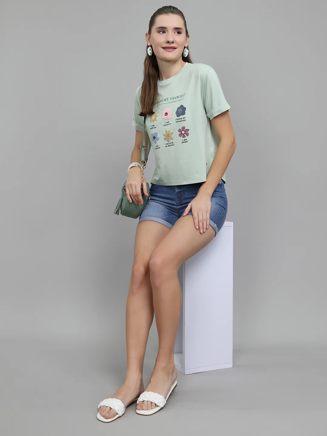 Women Light Green Printed Round Neck Half Sleeve Top - Image 7