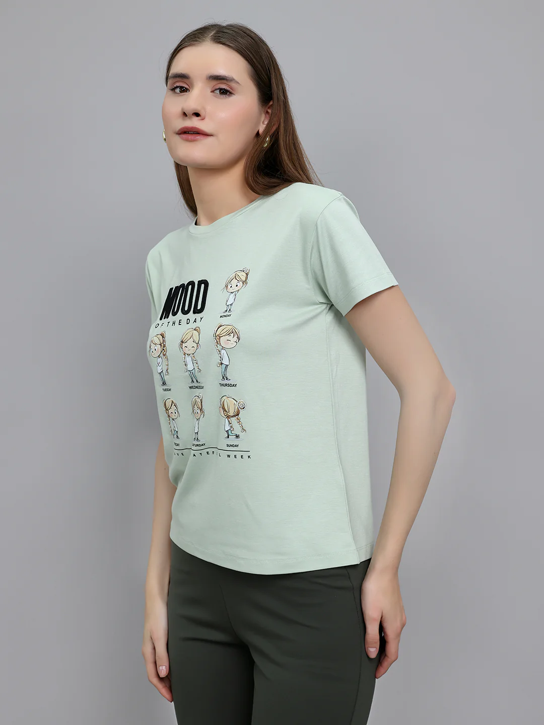 Women Light Green Printed Round Neck Half Sleeve Top - Image 2