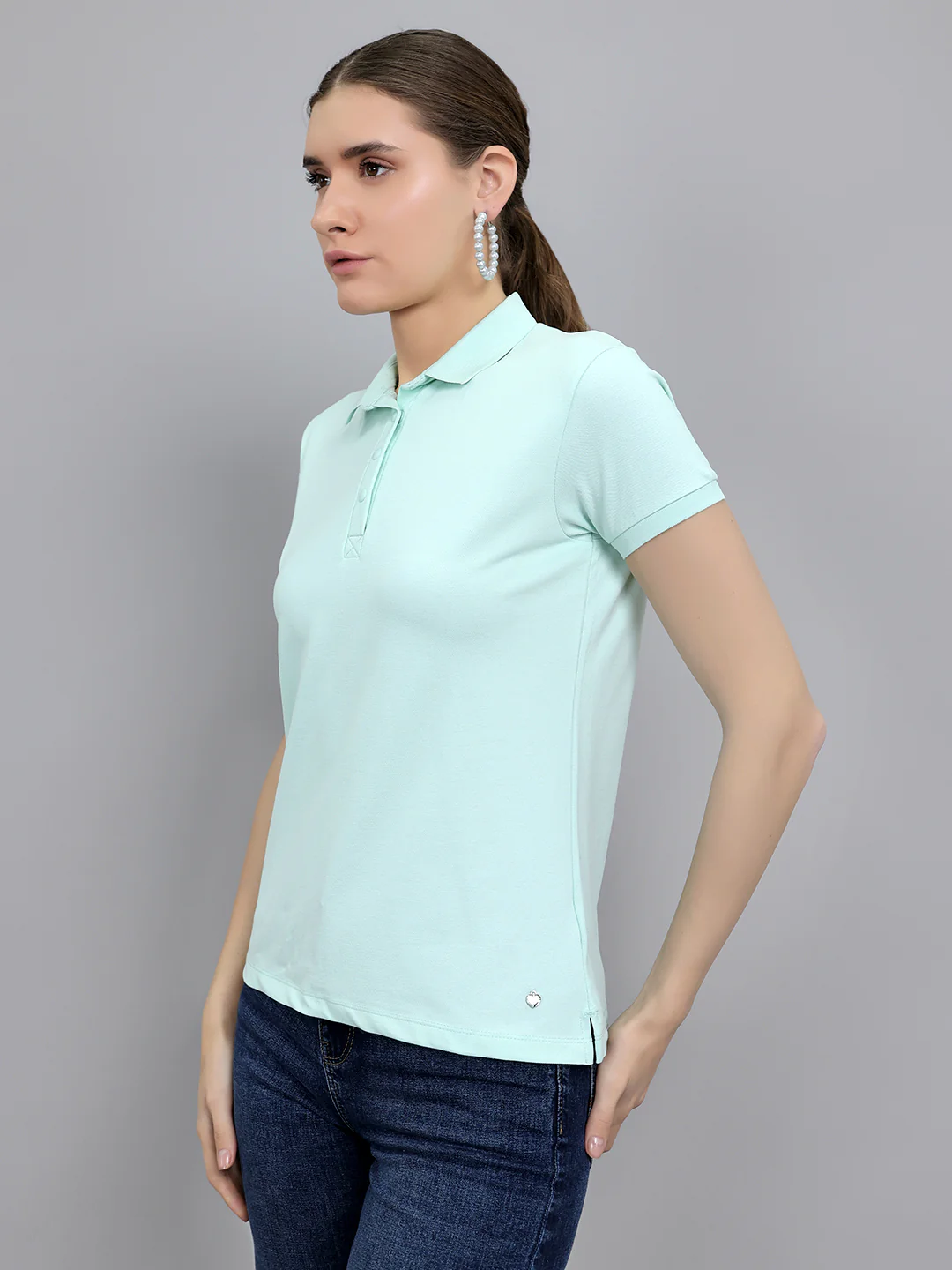Women Light Green Solid Collar Half Sleeve T-Shirt - Image 2