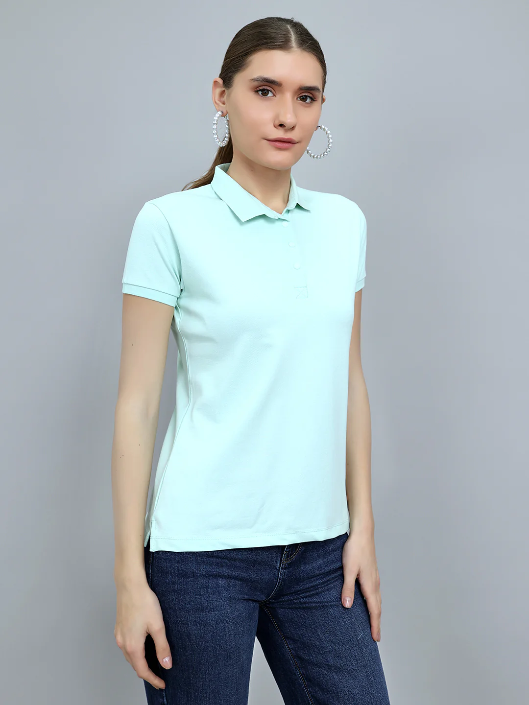 Women Light Green Solid Collar Half Sleeve T-Shirt - Image 3