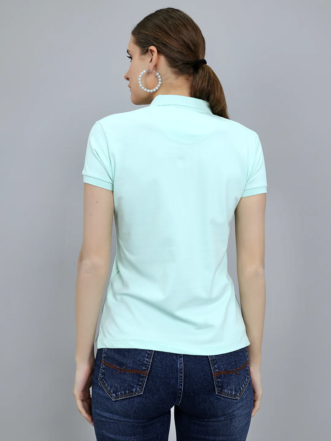 Women Light Green Solid Collar Half Sleeve T-Shirt - Image 4