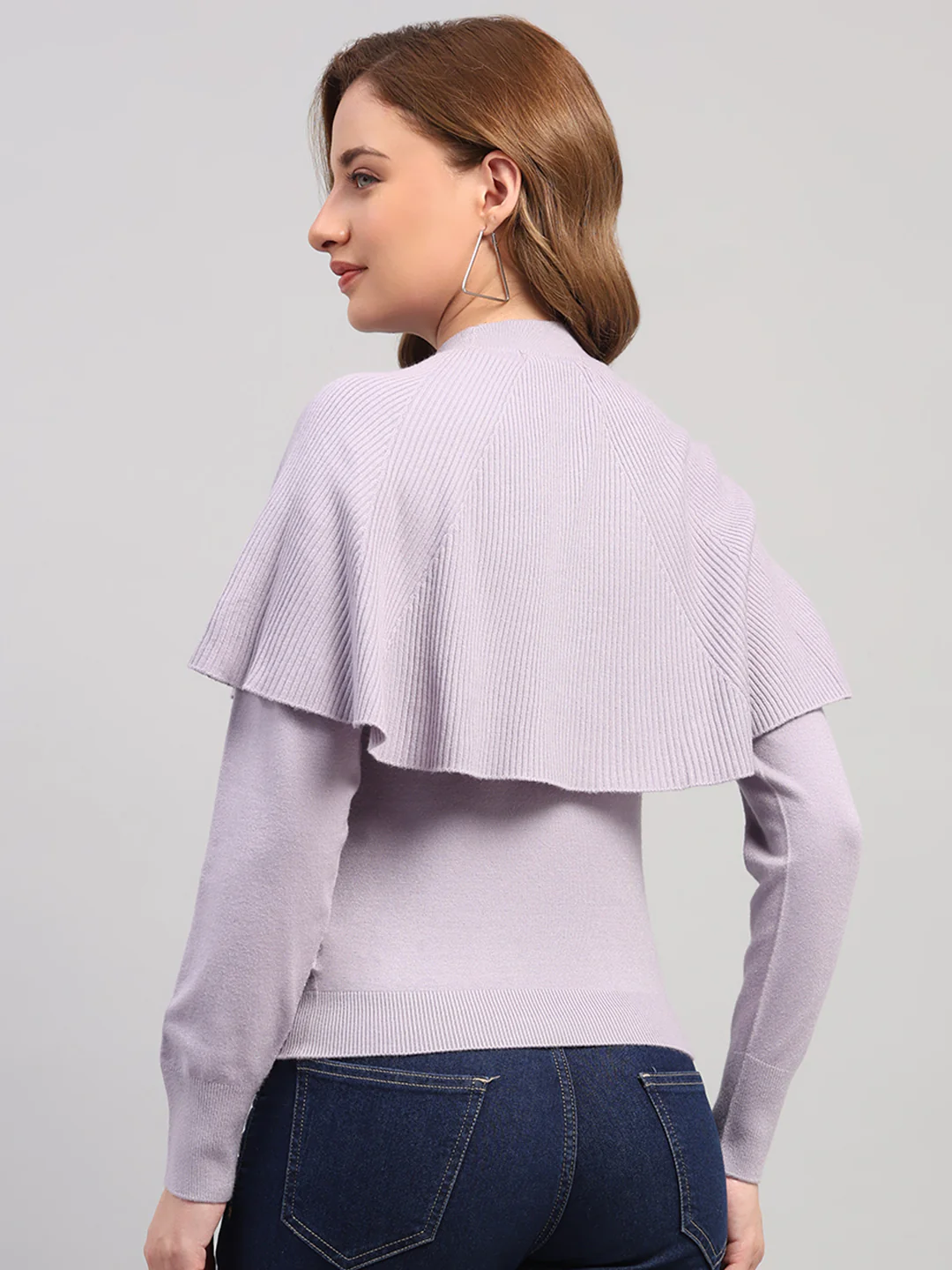 Women Light Grey Self Design Round Neck Full Sleeve Winter Top - Image 5