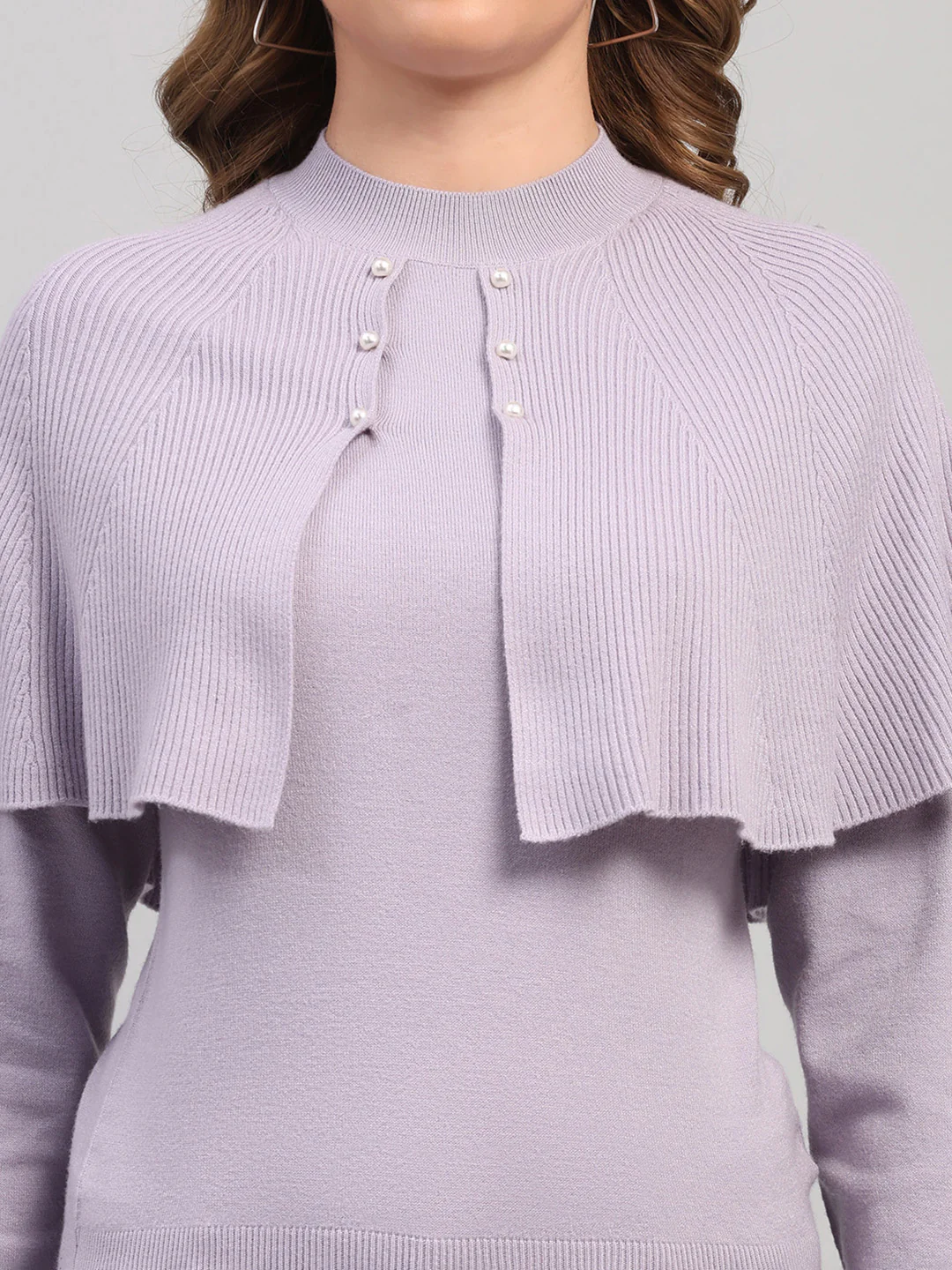 Women Light Grey Self Design Round Neck Full Sleeve Winter Top - Image 7