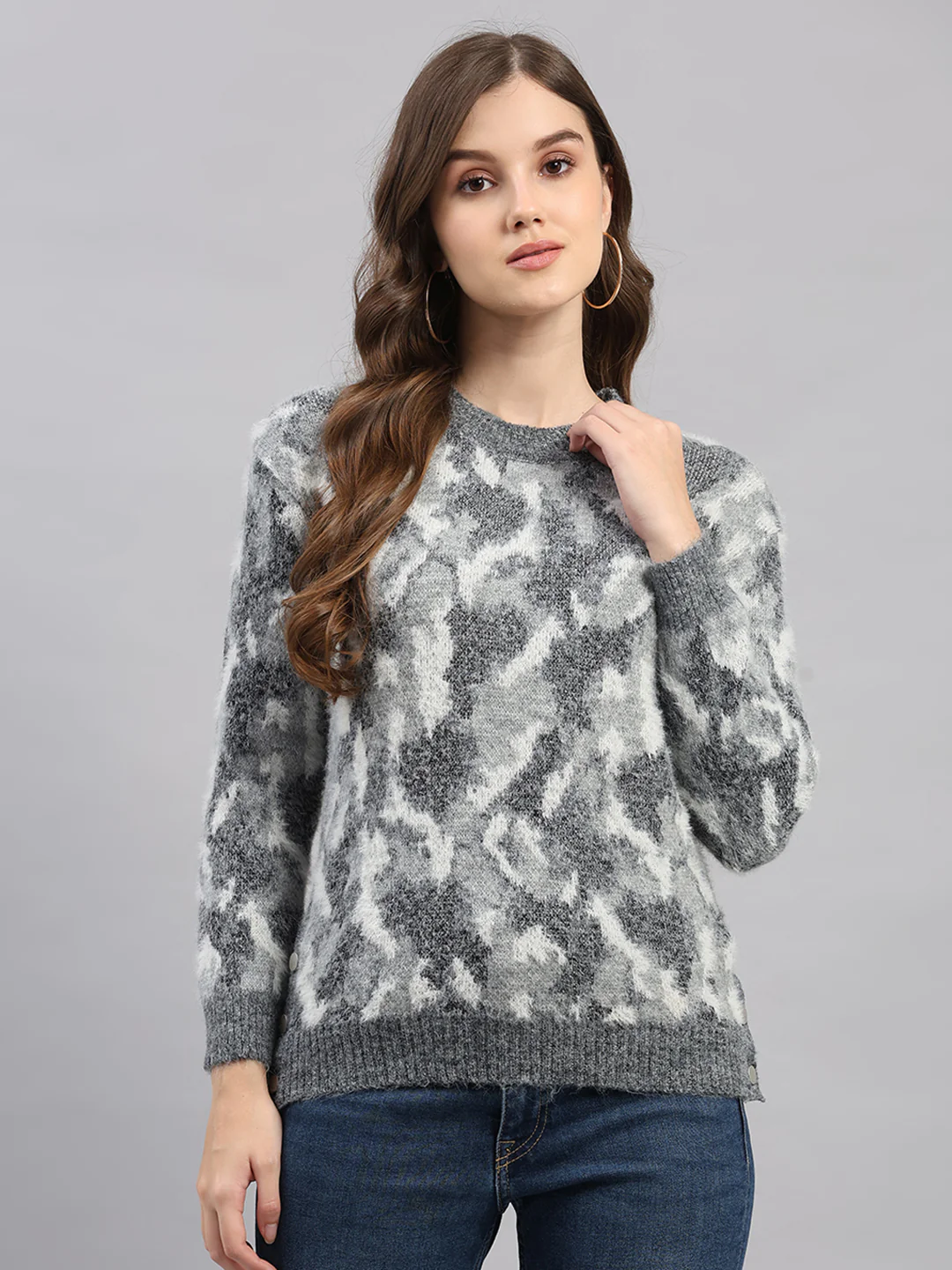 Women Light Grey Self Design Round Neck Full Sleeve Winter Top