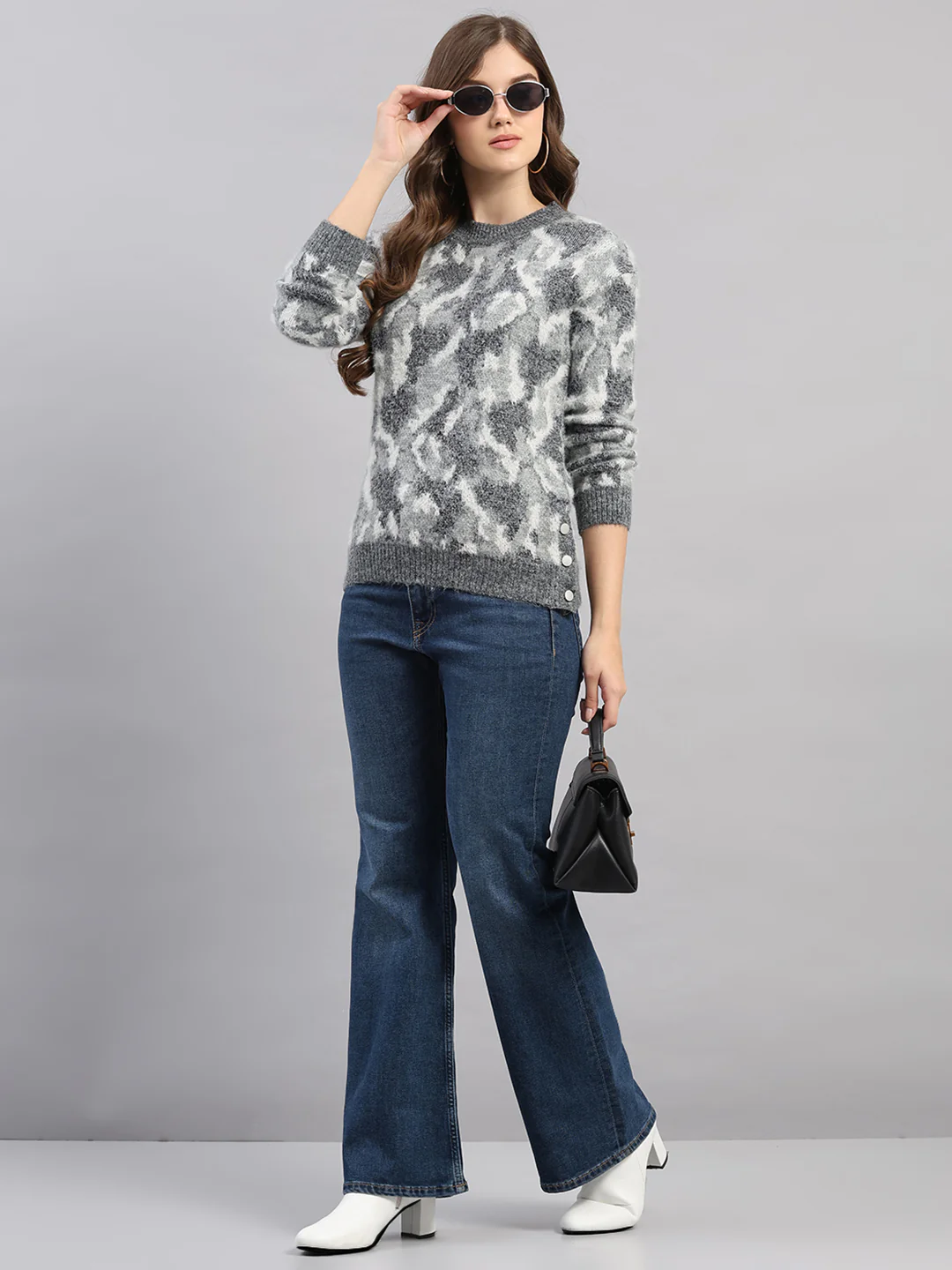Women Light Grey Self Design Round Neck Full Sleeve Winter Top - Image 2