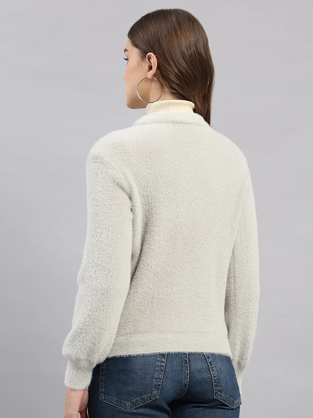 Women Light Grey Self Design V Neck Full Sleeve Cardigan - Image 5