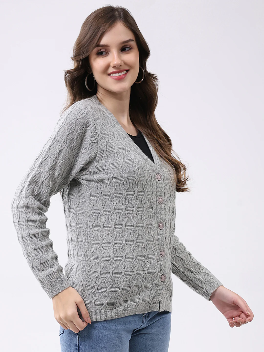 Women Light Grey Self Design V Neck Full Sleeve Cardigan - Image 4