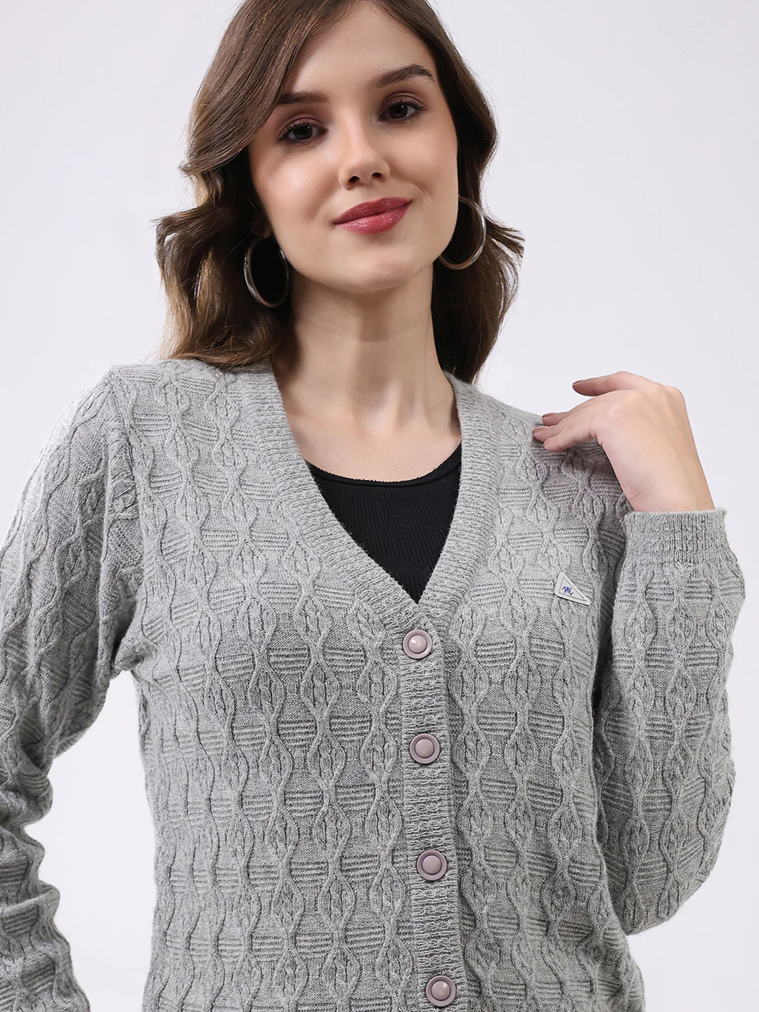Women Light Grey Self Design V Neck Full Sleeve Cardigan - Image 7