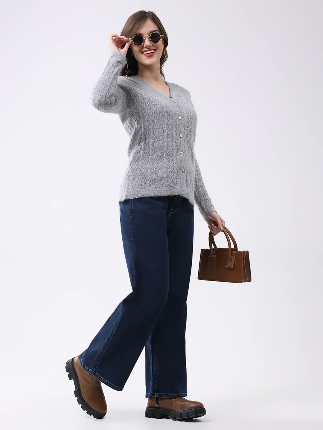 Women Light Grey Self Design V Neck Full Sleeve Cardigan - Image 2