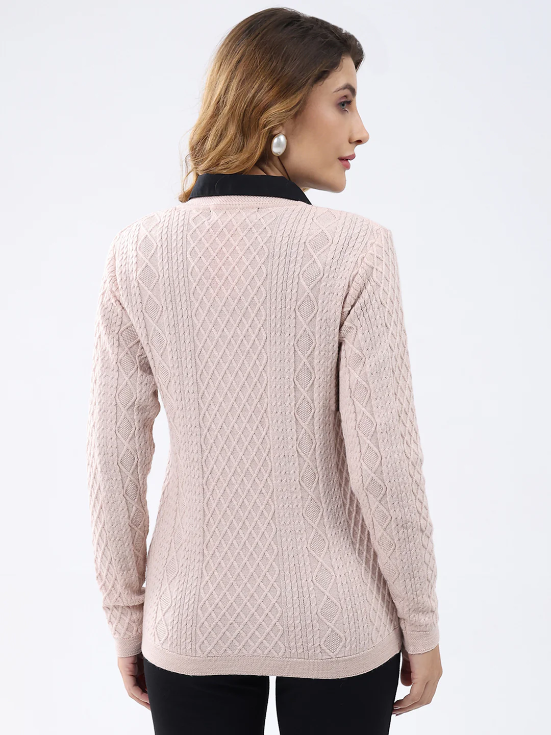 Women Light Pink Self Design V Neck Full Sleeve Cardigan - Image 5