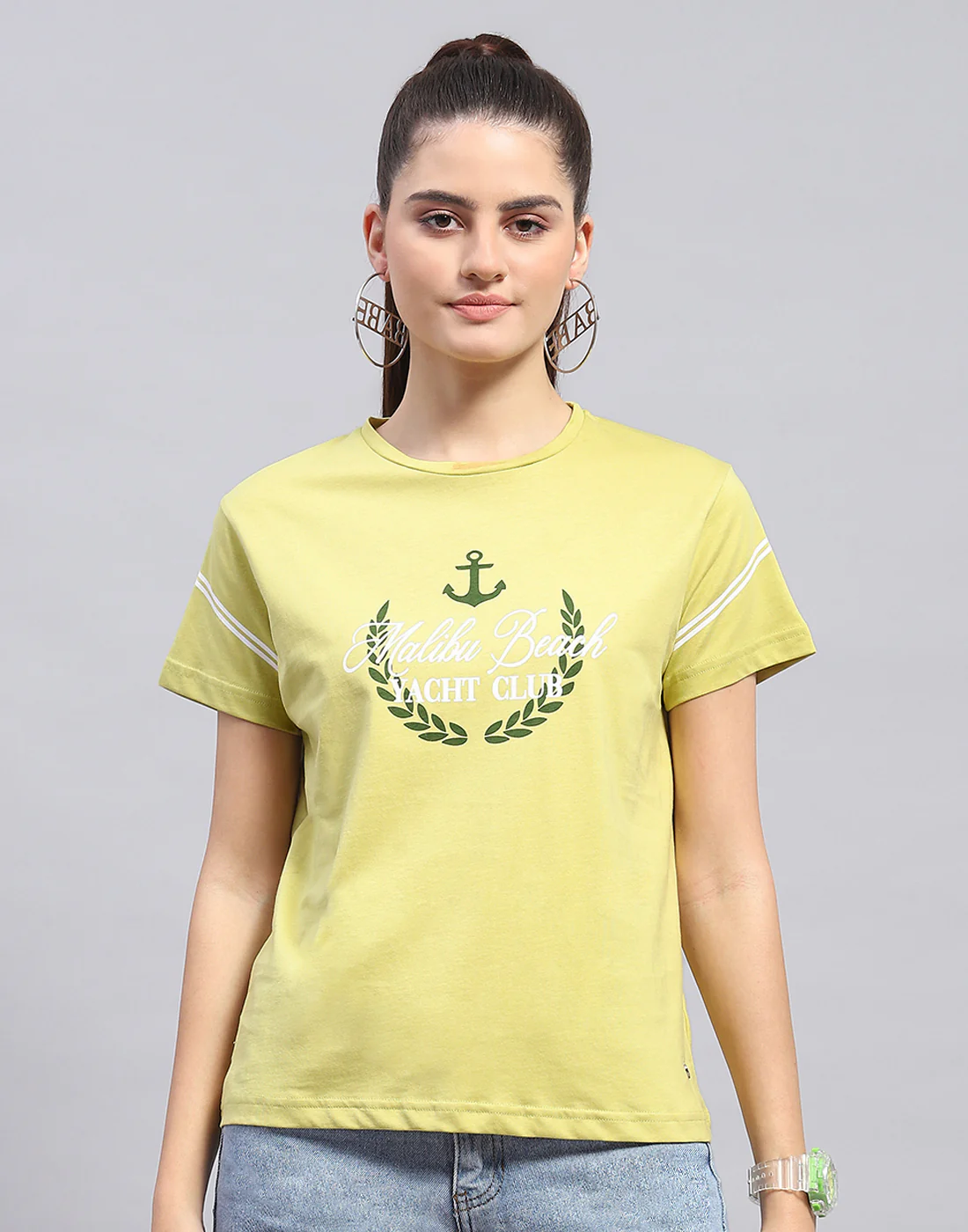 Women Lime Green Printed Round Neck Half Sleeve Top - Image 2