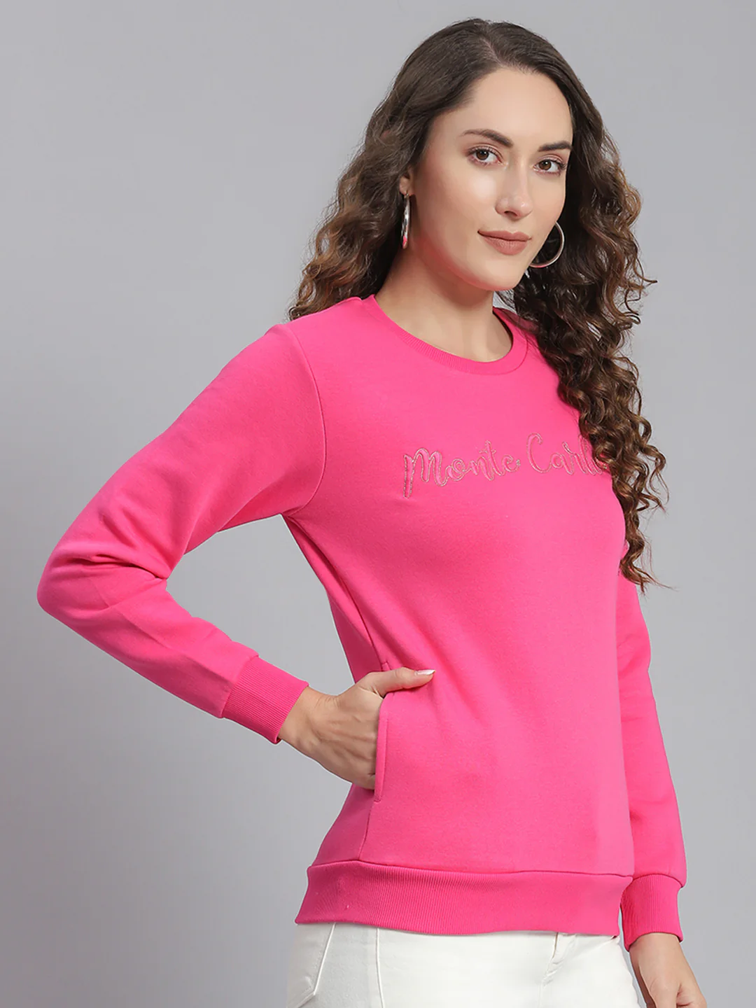 Women Magenta Embroidered Round Neck Full Sleeve Sweatshirts - Image 4