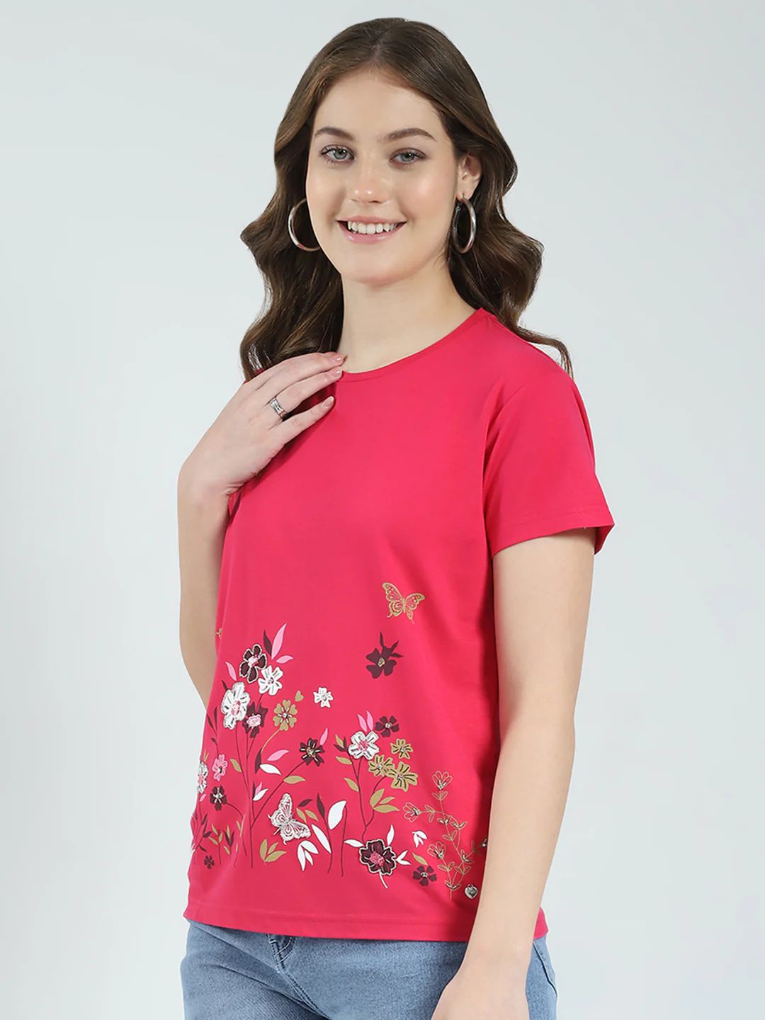 Women Magenta Embroidered Round Neck Half Sleeve Top - Image 3