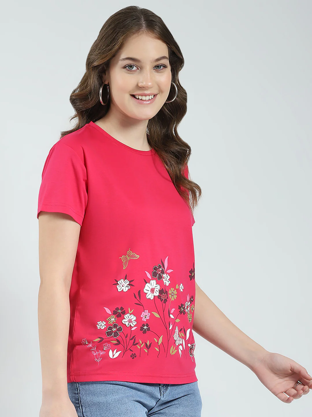Women Magenta Embroidered Round Neck Half Sleeve Top - Image 4