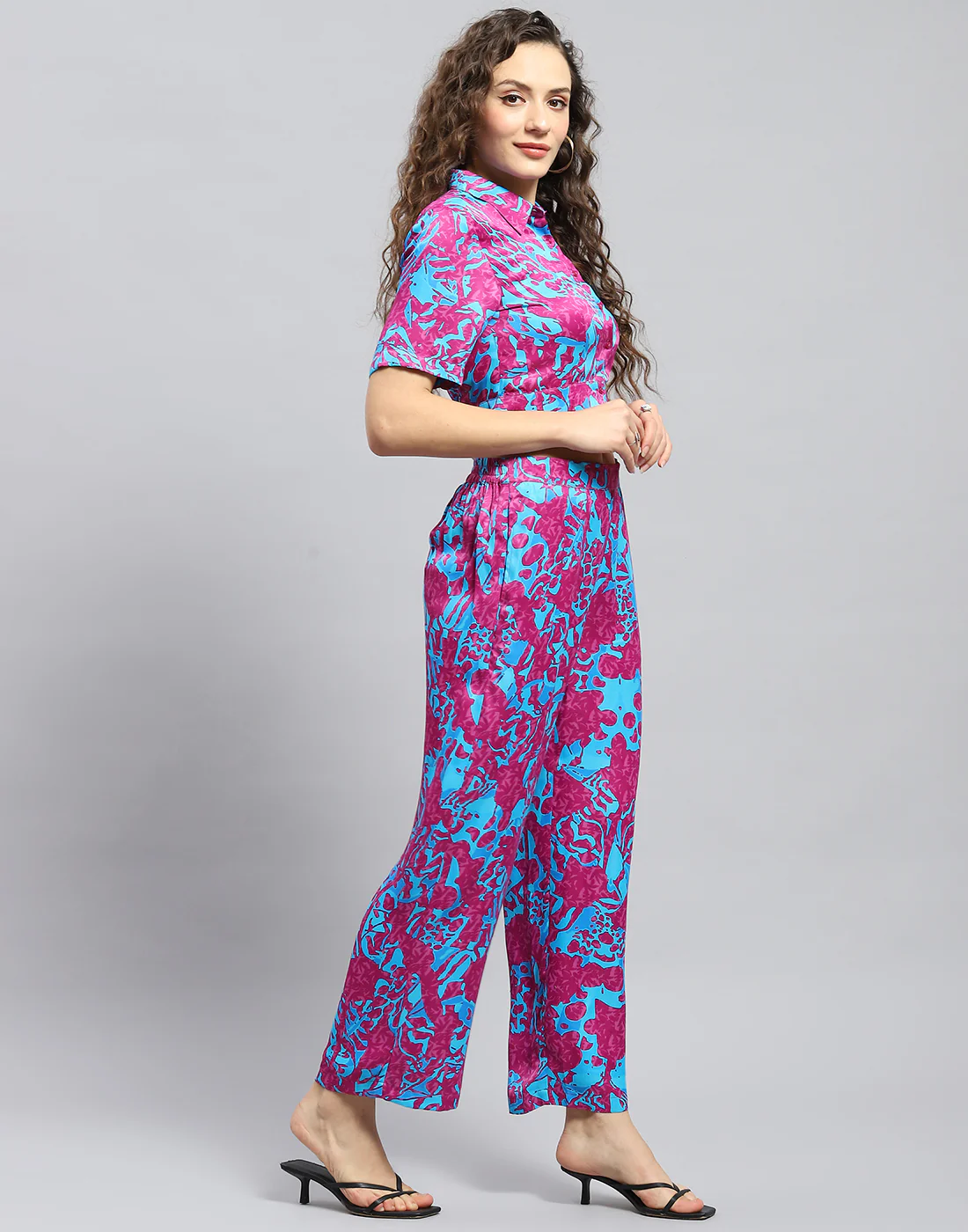 Women Magenta Printed Collar Half Sleeve Cords Set - Image 5