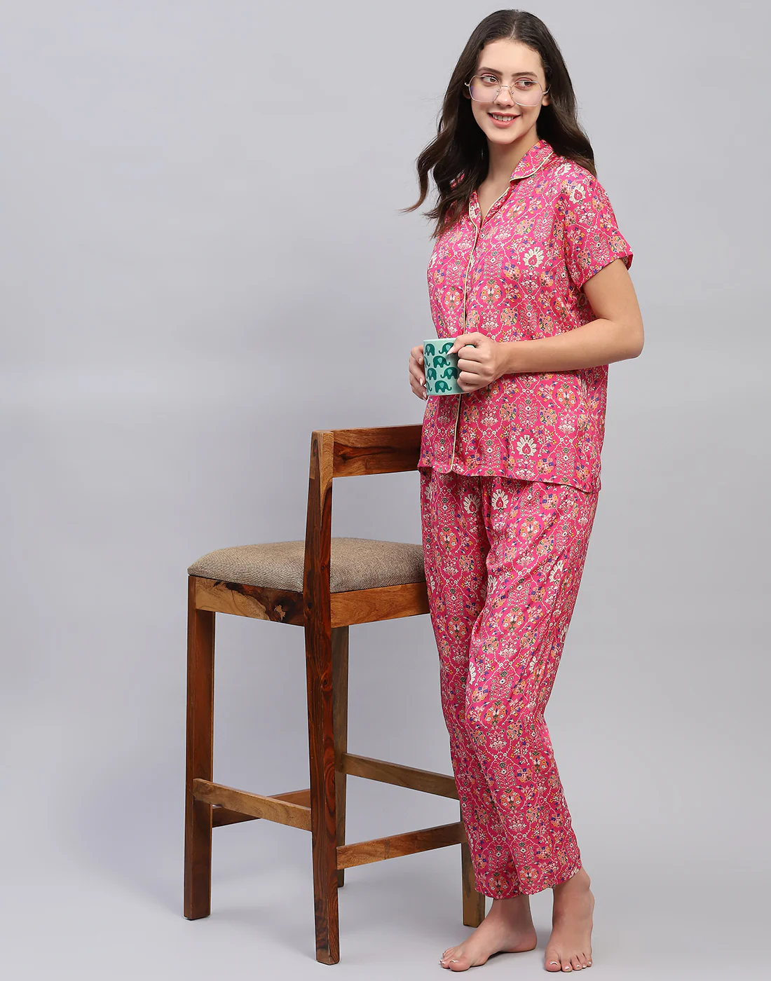 Women Magenta Printed Front Open Half Sleeve Lower Set - Image 2