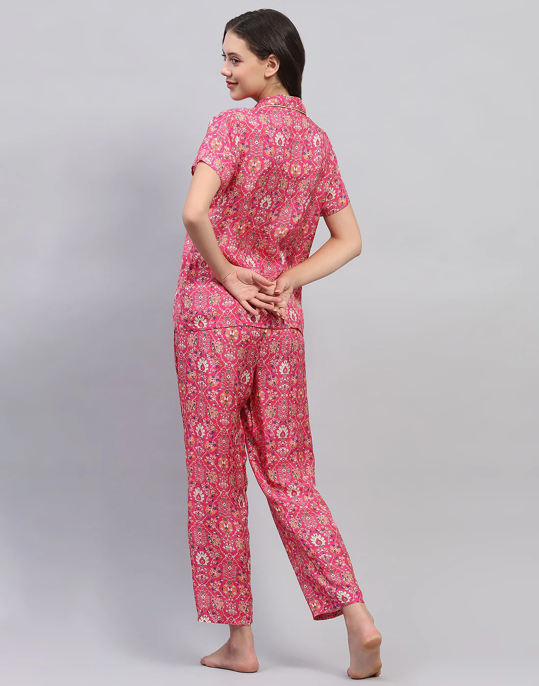 Women Magenta Printed Front Open Half Sleeve Lower Set - Image 6