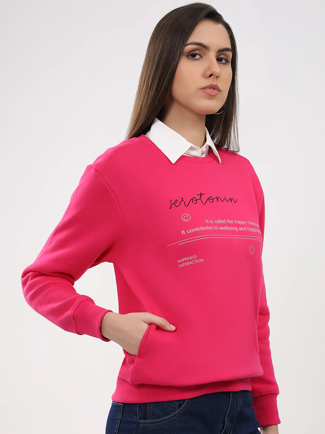 Women Magenta Printed Round Neck Full Sleeve Sweatshirt - Image 4