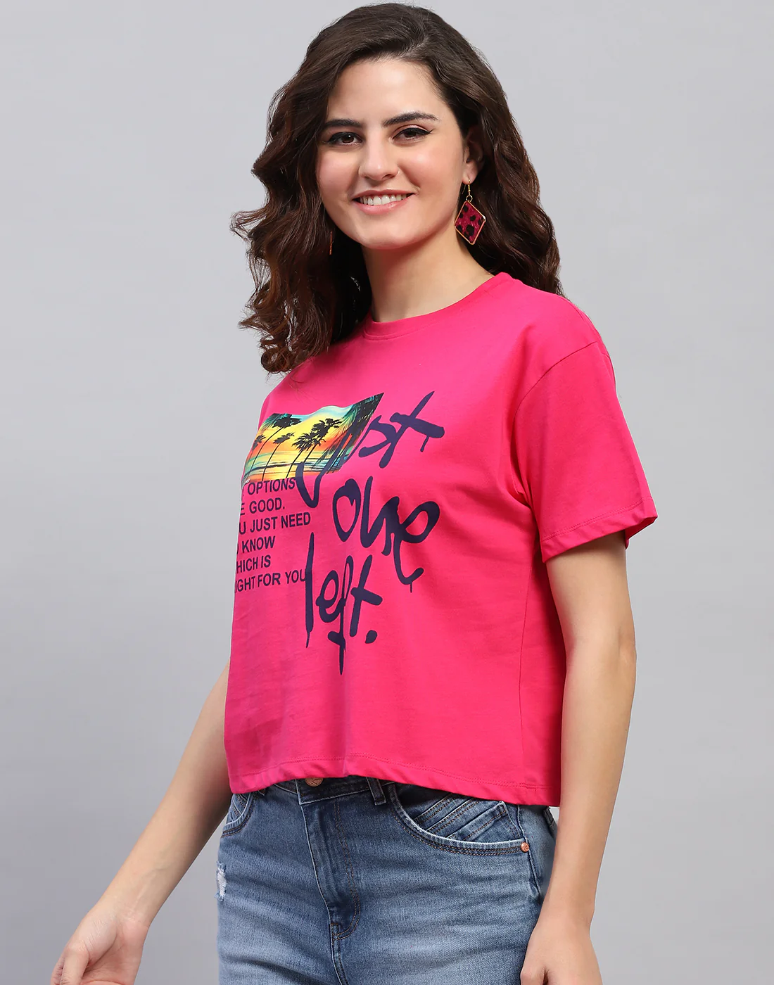 Women Magenta Printed Round Neck Half Sleeve Top - Image 3