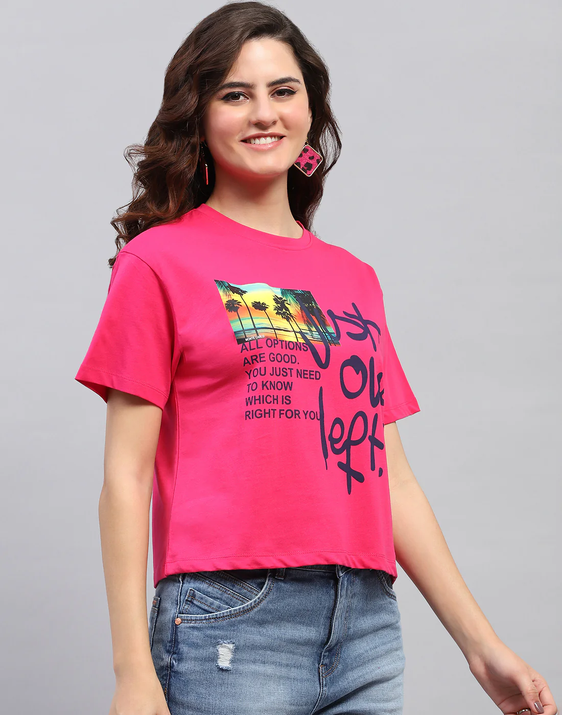 Women Magenta Printed Round Neck Half Sleeve Top - Image 4