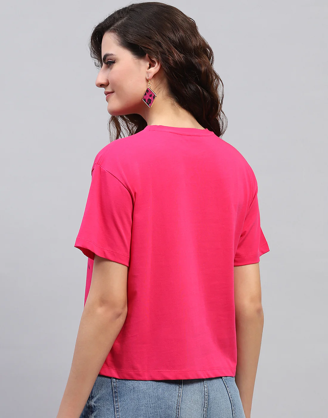 Women Magenta Printed Round Neck Half Sleeve Top - Image 5