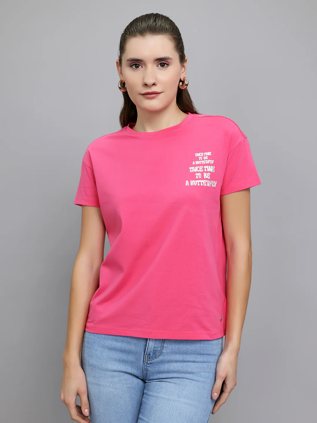 Women Magenta Printed Round Neck Half Sleeve Top